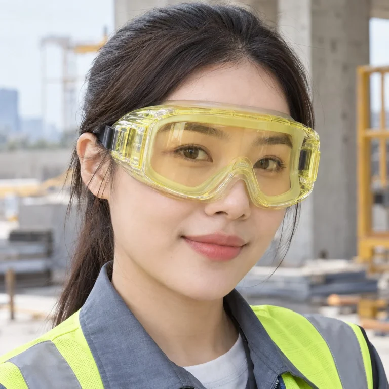 Kính bảo hộ phủ kín đệm viền kín nhựa quang học màu vàng nhạt chống văng bắn trên người mẫu Việt Nam