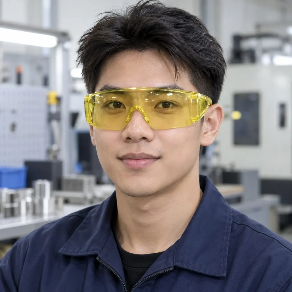 Kính bảo hộ ôm sát tròng liền tròng phủ chống xước màu vàng nhạt chống bụi trên người mẫu Việt Nam