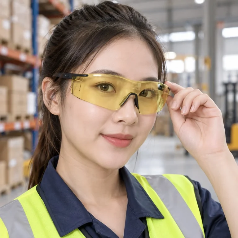 Kính bảo hộ gọng nhẹ tròng liền tròng phủ chống xước màu vàng nhạt chống tia UV trên người mẫu Việt Nam