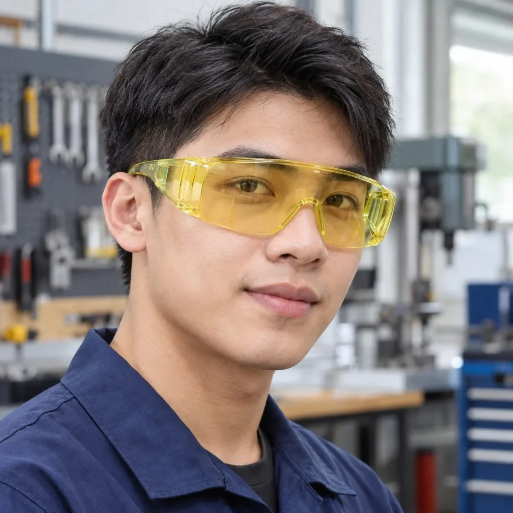 Kính bảo hộ phủ kín gọng mềm tròng phủ chống xước màu vàng nhạt chống văng bắn trên người mẫu Việt Nam