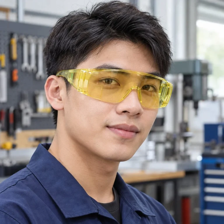 Kính bảo hộ phủ kín gọng mềm tròng phủ chống xước màu vàng nhạt chống văng bắn trên người mẫu Việt Nam
