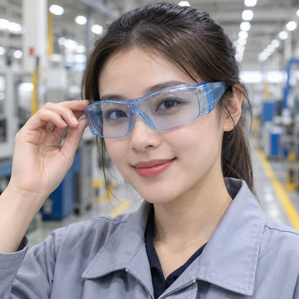Kính bảo hộ ôm sát gọng mềm polycarbonate màu xanh nhạt chống bụi trên người mẫu Việt Nam