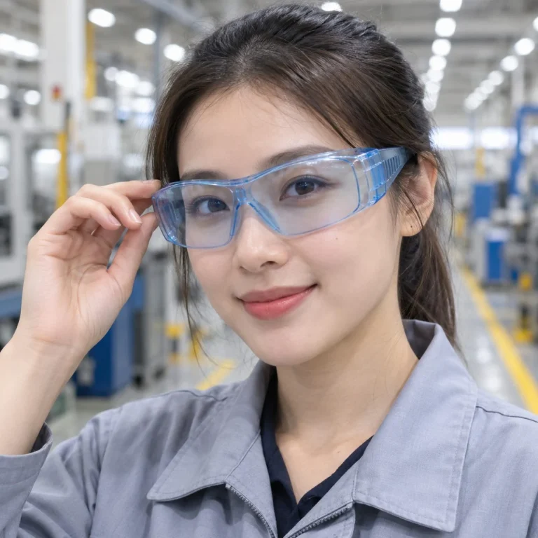 Kính bảo hộ ôm sát gọng mềm polycarbonate màu xanh nhạt chống bụi trên người mẫu Việt Nam