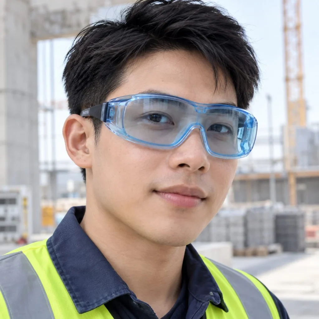 Kính bảo hộ gọng nhẹ đệm viền kín polycarbonate màu xanh nhạt chống tia UV trên người mẫu Việt Nam