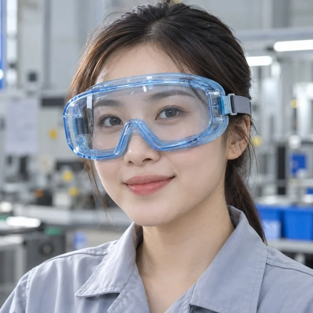 Kính bảo hộ phủ kín đệm viền kín polycarbonate màu xanh nhạt chống văng bắn trên người mẫu Việt Nam
