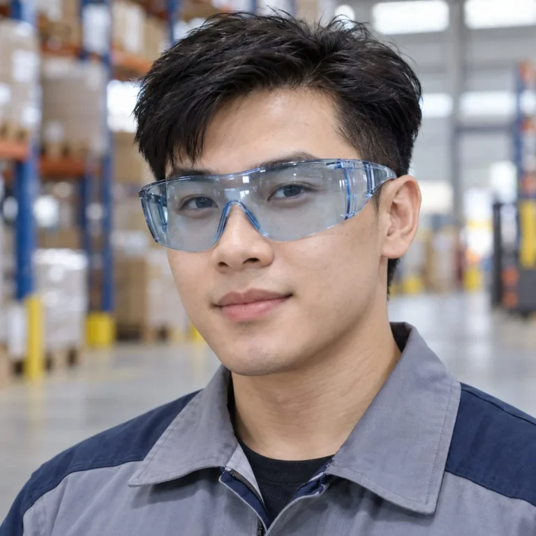 Kính bảo hộ ôm sát tròng liền nhựa quang học màu xanh nhạt chống bụi trên người mẫu Việt Nam