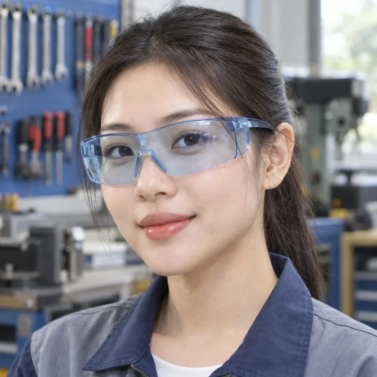 Kính bảo hộ gọng nhẹ tròng liền nhựa quang học màu xanh nhạt chống tia UV trên người mẫu Việt Nam