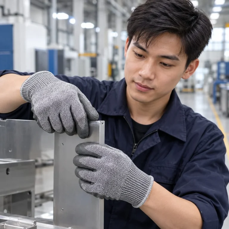 Găng tay bảo hộ cổ ngắn phủ lòng bàn tay sợi HPPE màu xám chống cắt trên người mẫu Việt Nam