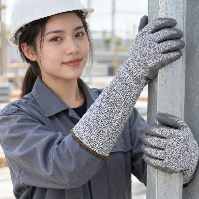 Găng tay bảo hộ cổ dài phủ lòng bàn tay sợi HPPE màu xám chịu nhiệt trên người mẫu Việt Nam