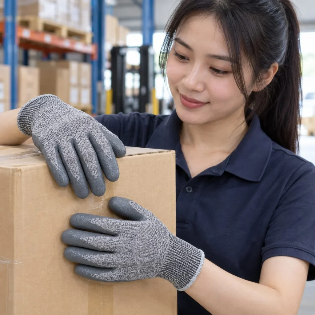 Găng tay bảo hộ cổ ngắn dệt liền mạch cao su nitrile màu xám chống cắt trên người mẫu Việt Nam