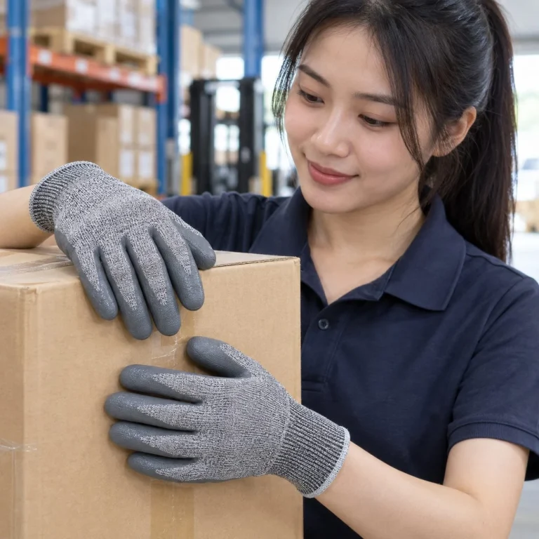 Găng tay bảo hộ cổ ngắn dệt liền mạch cao su nitrile màu xám chống cắt trên người mẫu Việt Nam