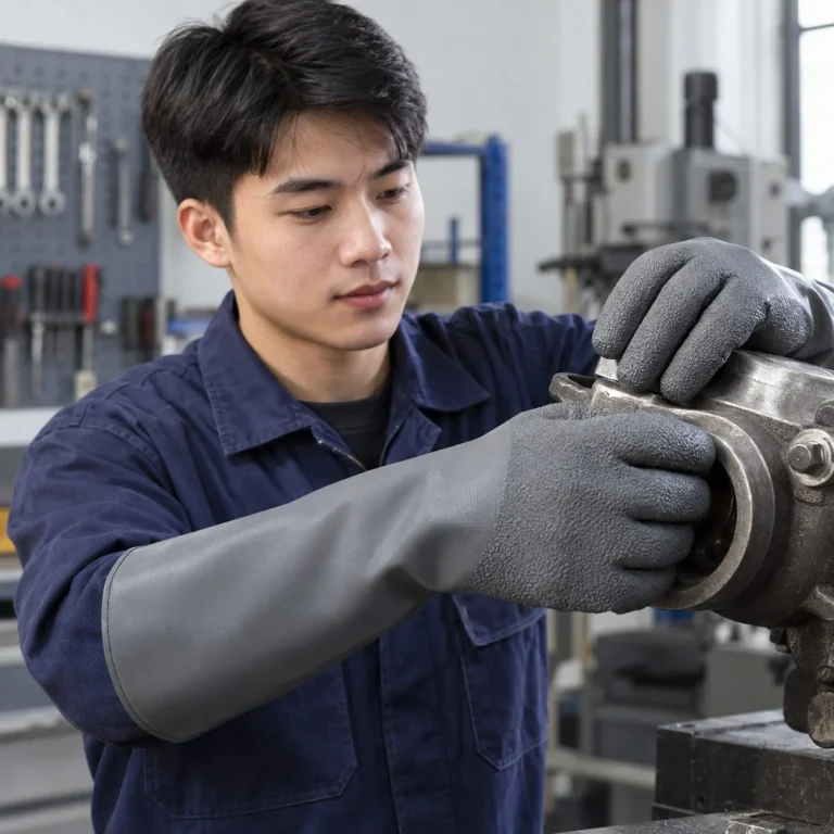 Găng tay bảo hộ cổ dài bề mặt nhám tăng bám cao su nitrile màu xám chịu nhiệt trên người mẫu Việt Nam