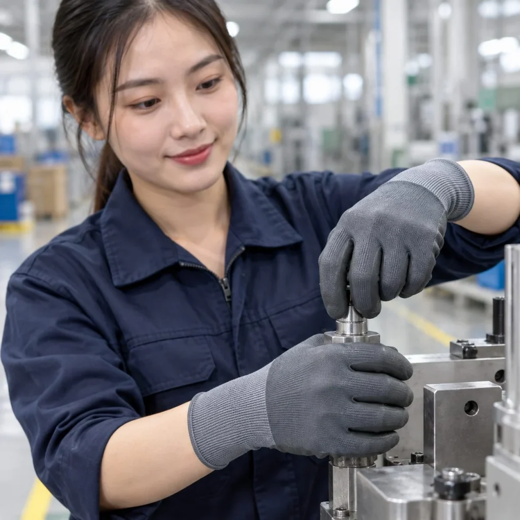 Găng tay bảo hộ ôm tay bề mặt nhám tăng bám cao su nitrile màu xám chống hóa chất trên người mẫu Việt Nam