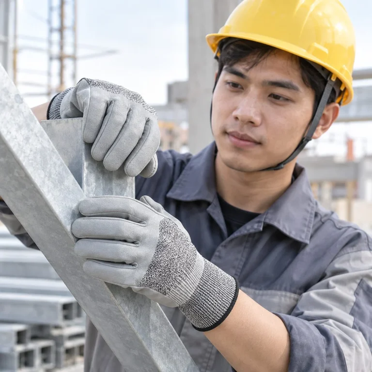 Găng tay bảo hộ cổ ngắn phủ lòng bàn tay da bò màu xám chống cắt trên người mẫu Việt Nam