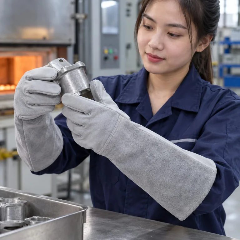 Găng tay bảo hộ cổ dài phủ lòng bàn tay da bò màu xám chịu nhiệt trên người mẫu Việt Nam