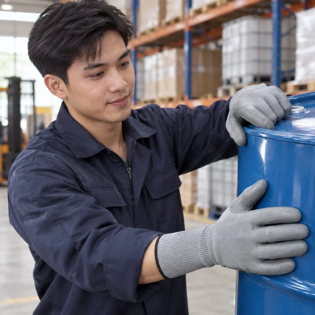 Găng tay bảo hộ ôm tay dệt liền mạch da bò màu xám chống hóa chất trên người mẫu Việt Nam