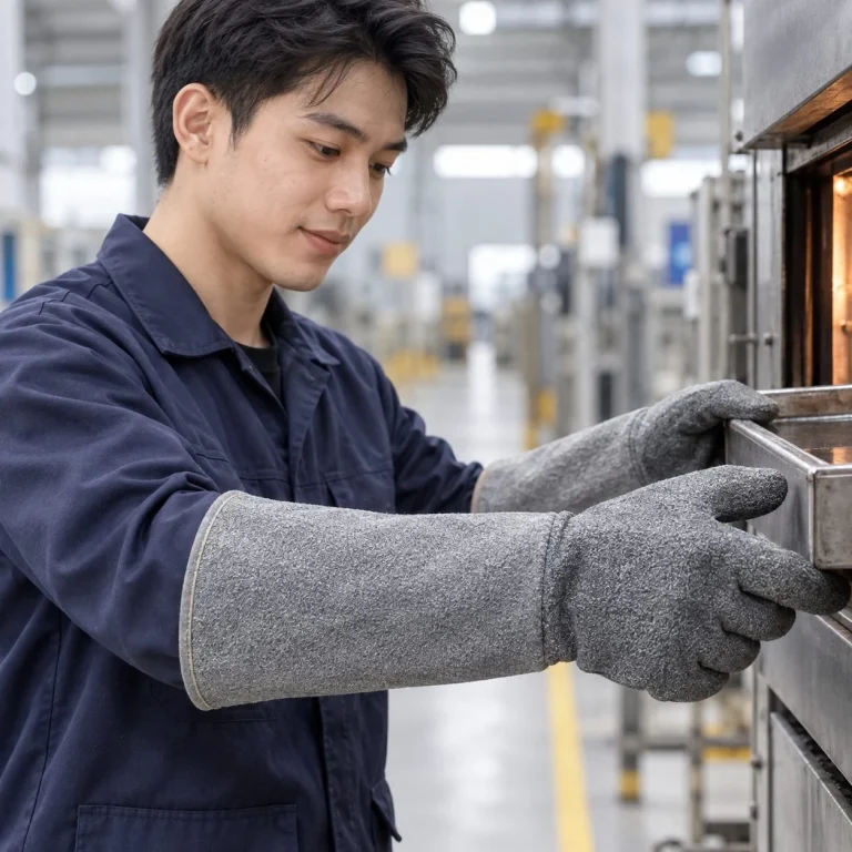 Găng tay bảo hộ cổ dài bề mặt nhám tăng bám sợi cotton màu xám chịu nhiệt trên người mẫu Việt Nam