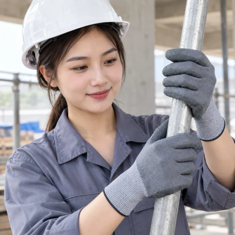 Găng tay bảo hộ ôm tay bề mặt nhám tăng bám sợi cotton màu xám chống hóa chất trên người mẫu Việt Nam