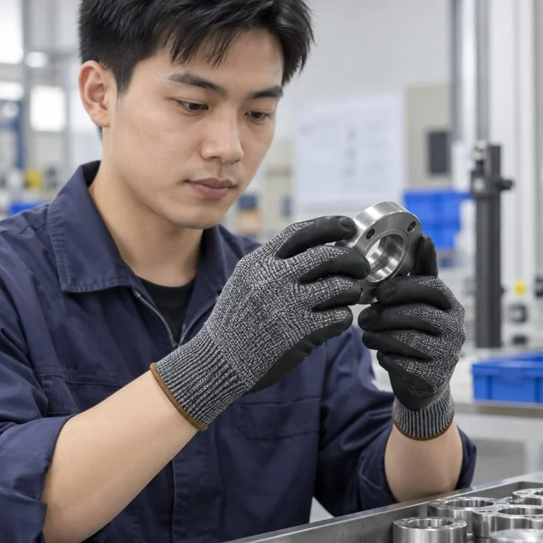 Găng tay bảo hộ cổ ngắn phủ lòng bàn tay sợi HPPE màu đen chống cắt trên người mẫu Việt Nam