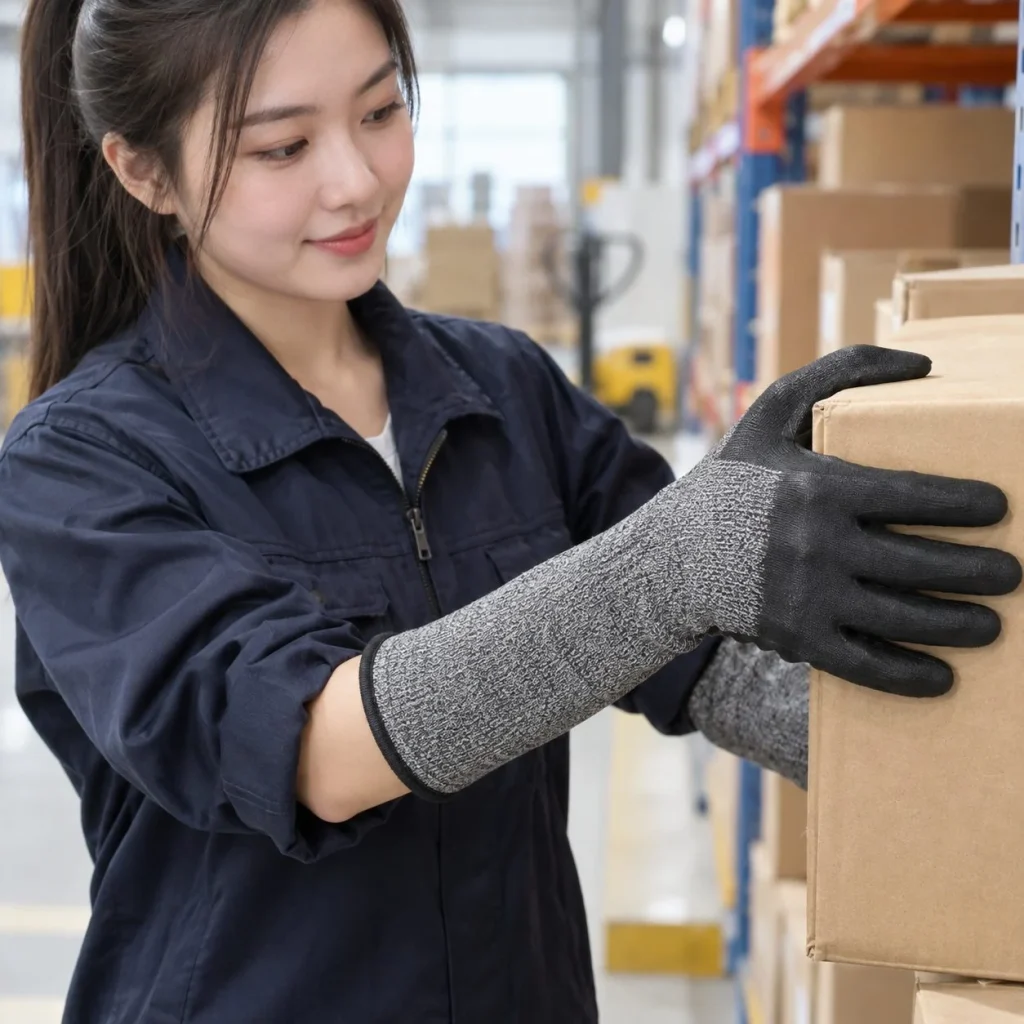 Găng tay bảo hộ cổ dài phủ lòng bàn tay sợi HPPE màu đen chịu nhiệt trên người mẫu Việt Nam