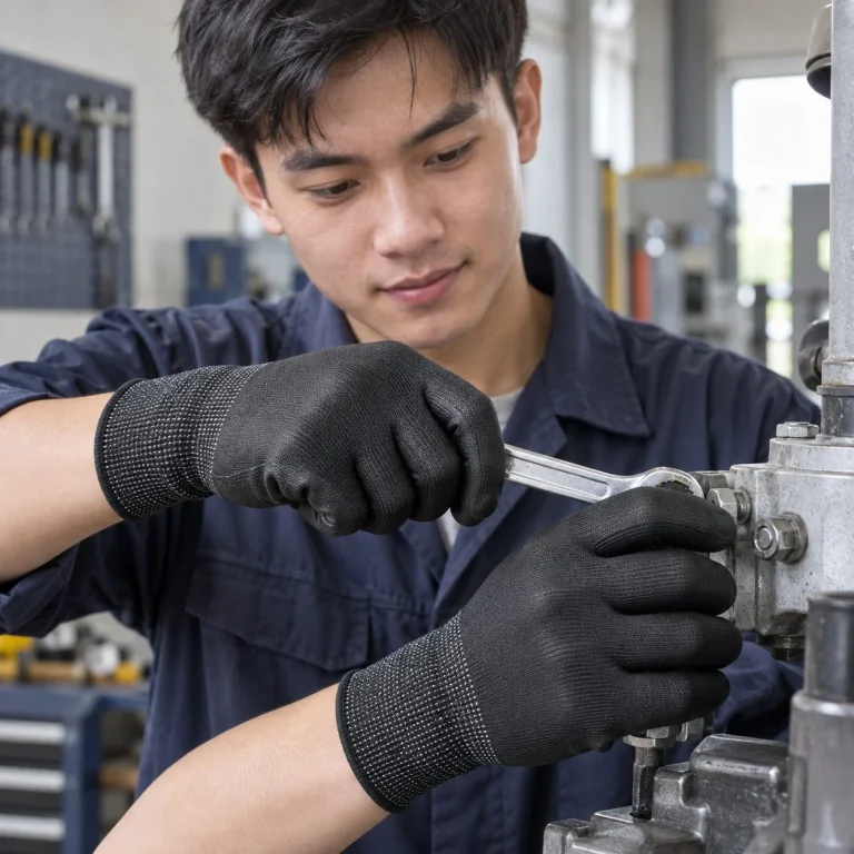 Găng tay bảo hộ ôm tay dệt liền mạch sợi HPPE màu đen chống hóa chất trên người mẫu Việt Nam