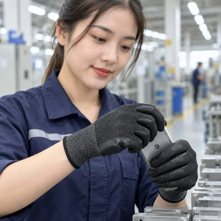 Găng tay bảo hộ cổ ngắn dệt liền mạch cao su nitrile màu đen chống cắt trên người mẫu Việt Nam