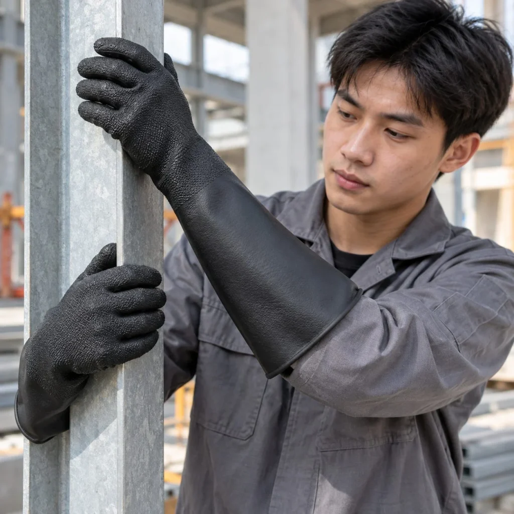 Găng tay bảo hộ cổ dài bề mặt nhám tăng bám cao su nitrile màu đen chịu nhiệt trên người mẫu Việt Nam