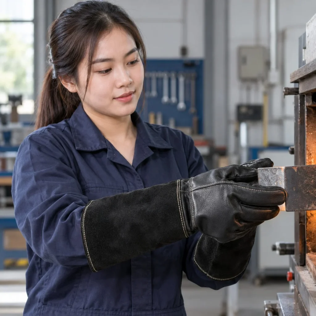 Găng tay bảo hộ cổ dài phủ lòng bàn tay da bò màu đen chịu nhiệt trên người mẫu Việt Nam