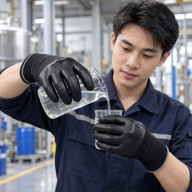 Găng tay bảo hộ ôm tay dệt liền mạch da bò màu đen chống hóa chất trên người mẫu Việt Nam