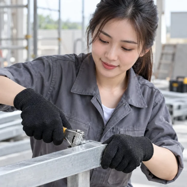 Găng tay bảo hộ cổ ngắn dệt liền mạch sợi cotton màu đen chống cắt trên người mẫu Việt Nam