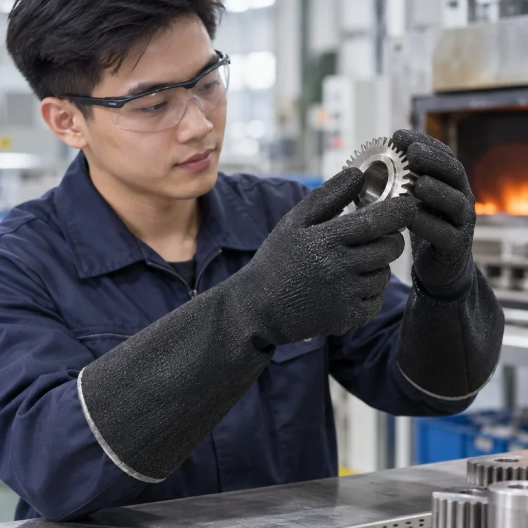 Găng tay bảo hộ cổ dài bề mặt nhám tăng bám sợi cotton màu đen chịu nhiệt trên người mẫu Việt Nam