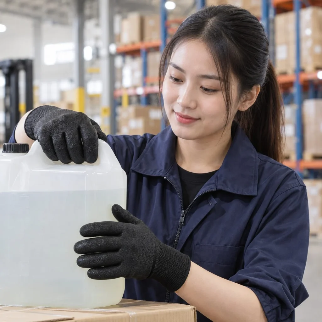 Găng tay bảo hộ ôm tay bề mặt nhám tăng bám sợi cotton màu đen chống hóa chất trên người mẫu Việt Nam