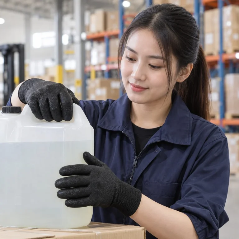 Găng tay bảo hộ ôm tay bề mặt nhám tăng bám sợi cotton màu đen chống hóa chất trên người mẫu Việt Nam