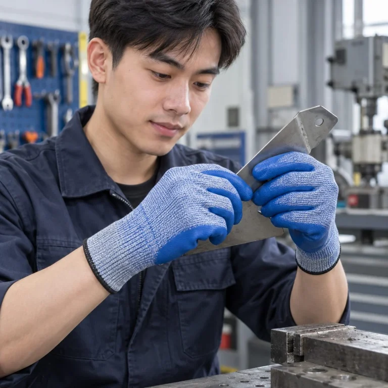 Găng tay bảo hộ cổ ngắn phủ lòng bàn tay sợi HPPE màu xanh dương chống cắt trên người mẫu Việt Nam