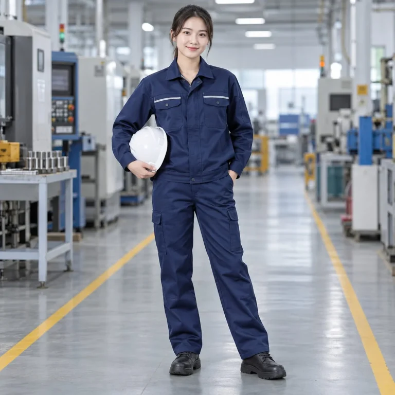 Bộ quần áo bảo hộ dáng kỹ sư vải kaki màu xanh navy cho nhà máy trên người mẫu Việt Nam