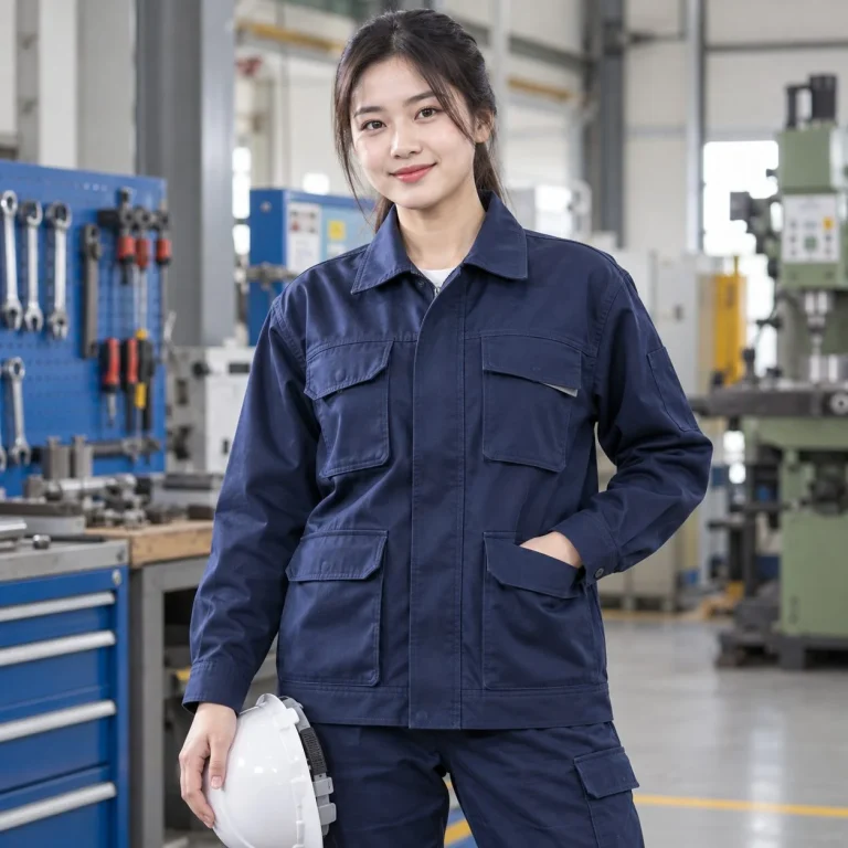 Áo khoác bảo hộ túi hộp tiện dụng cotton pha màu xanh navy cho công trường trên người mẫu Việt Nam