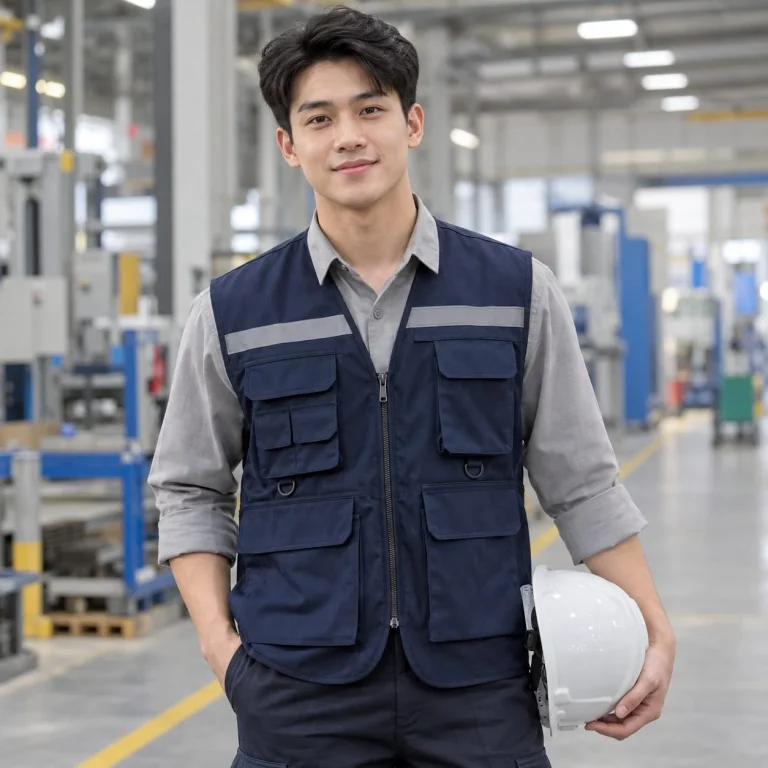 Áo ghi lê bảo hộ túi hộp tiện dụng cotton pha màu xanh navy cho đội kỹ thuật trên người mẫu Việt Nam