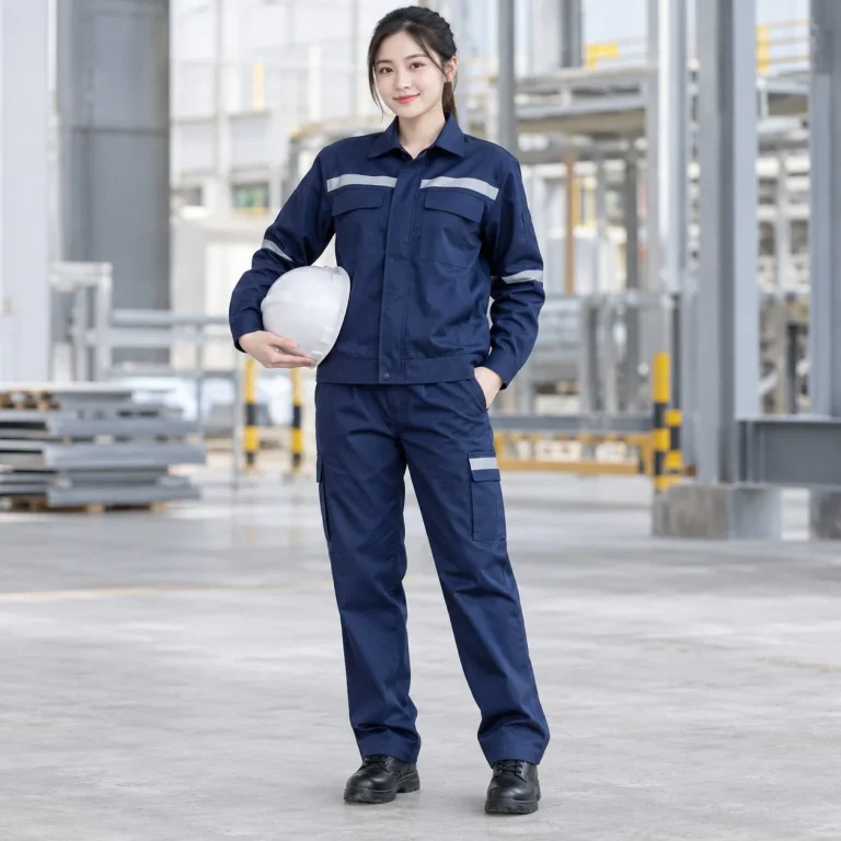 Bộ quần áo bảo hộ dáng kỹ sư vải chống tĩnh điện màu xanh navy cho nhà máy trên người mẫu Việt Nam