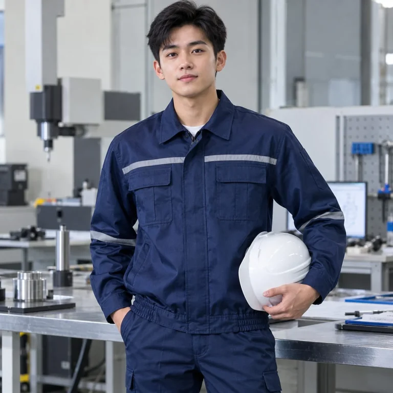 Áo khoác bảo hộ dáng kỹ sư vải chống tĩnh điện màu xanh navy cho công trường trên người mẫu Việt Nam