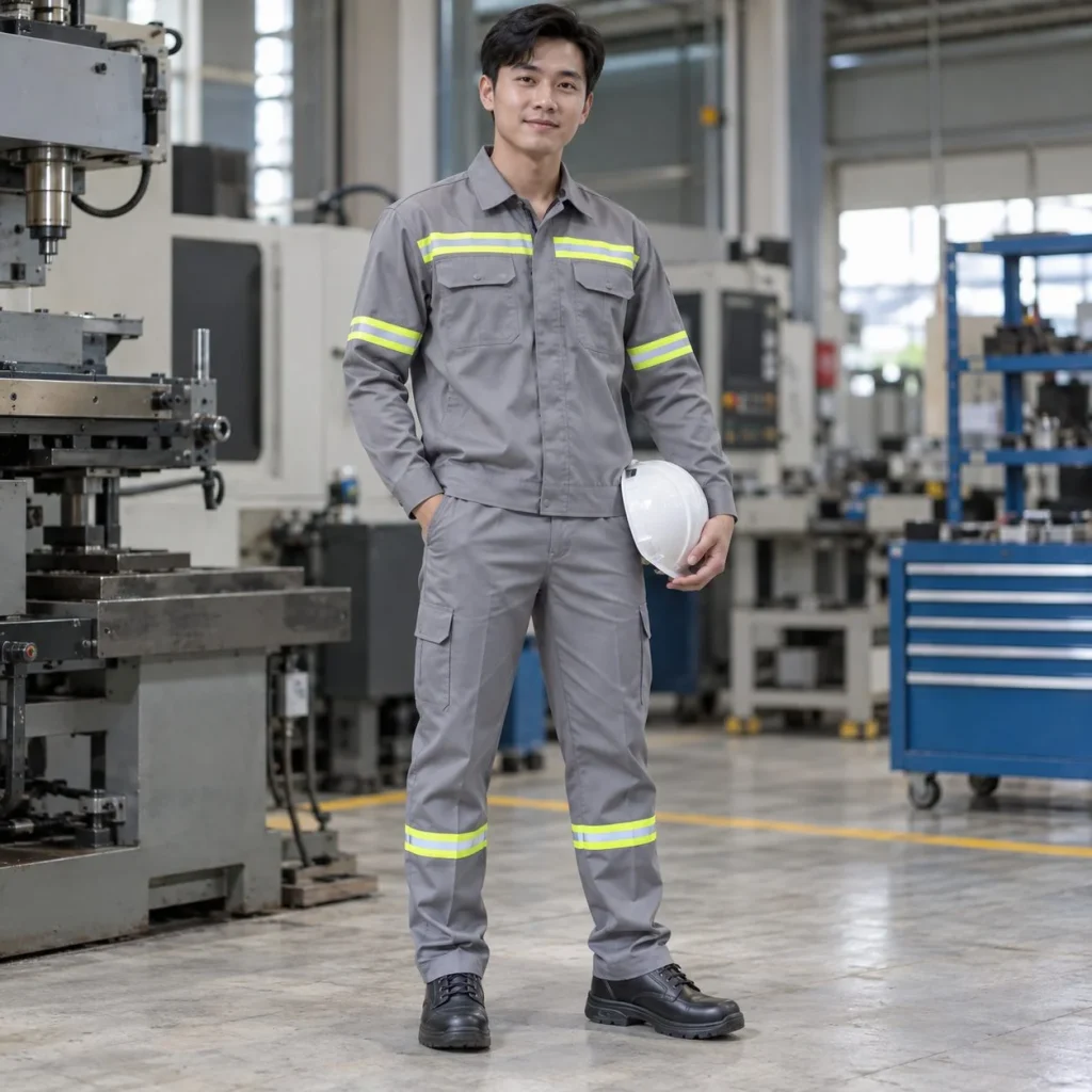 Bộ quần áo bảo hộ phối phản quang vải kaki màu xám ghi cho nhà máy trên người mẫu Việt Nam