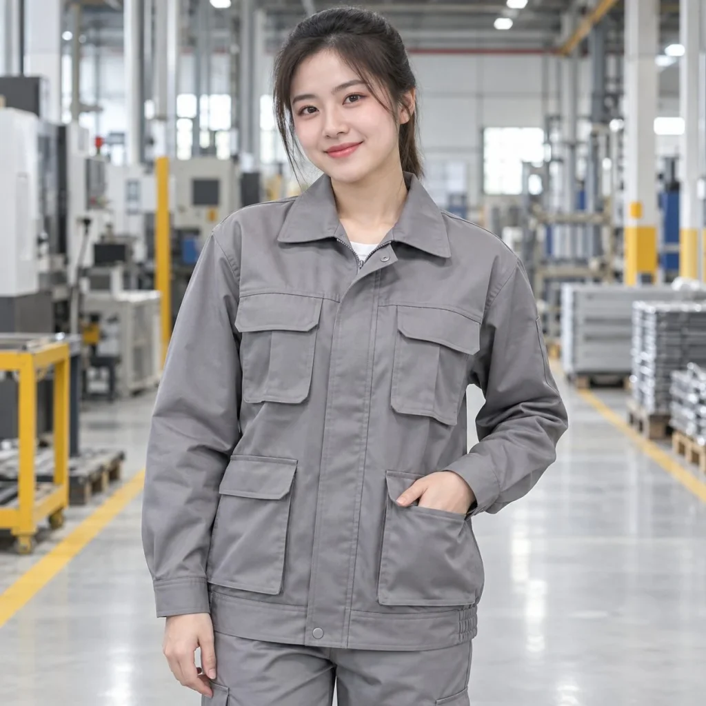 Áo khoác bảo hộ túi hộp tiện dụng vải kaki màu xám ghi cho công trường trên người mẫu Việt Nam