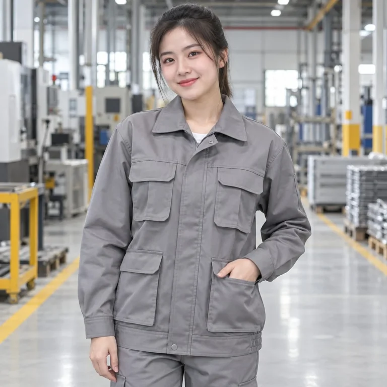 Áo khoác bảo hộ túi hộp tiện dụng vải kaki màu xám ghi cho công trường trên người mẫu Việt Nam