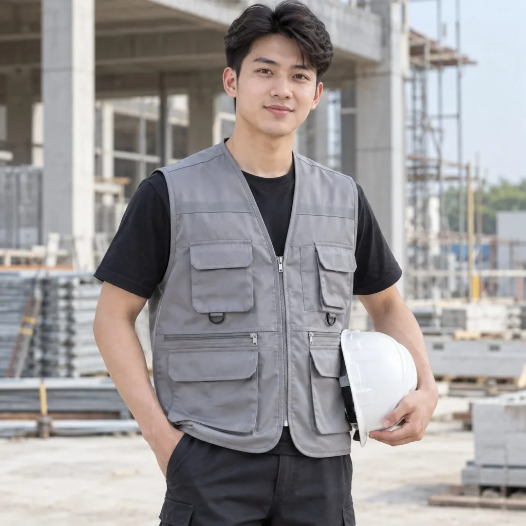 Áo ghi lê bảo hộ túi hộp tiện dụng vải kaki màu xám ghi cho đội kỹ thuật trên người mẫu Việt Nam