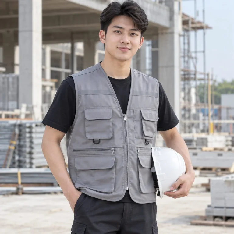 Áo ghi lê bảo hộ túi hộp tiện dụng vải kaki màu xám ghi cho đội kỹ thuật trên người mẫu Việt Nam
