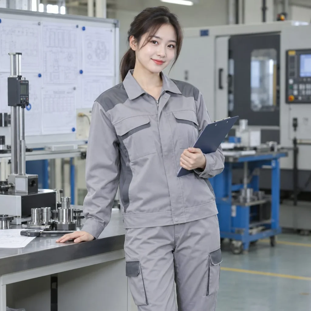 Bộ quần áo bảo hộ dáng kỹ sư cotton pha màu xám ghi cho nhà máy trên người mẫu Việt Nam