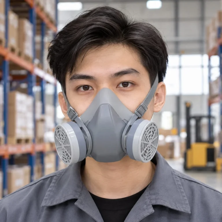 Mặt nạ bảo hộ nửa mặt dây đeo cân bằng silicone mềm màu xám lọc bụi mịn trên người mẫu Việt Nam