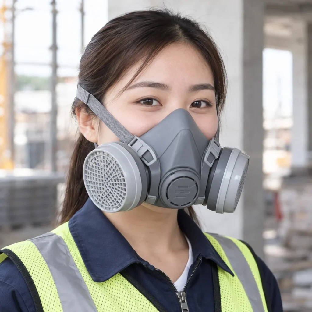 Mặt nạ bảo hộ nửa mặt khớp nối đôi cao su đàn hồi màu xám lọc bụi mịn trên người mẫu Việt Nam