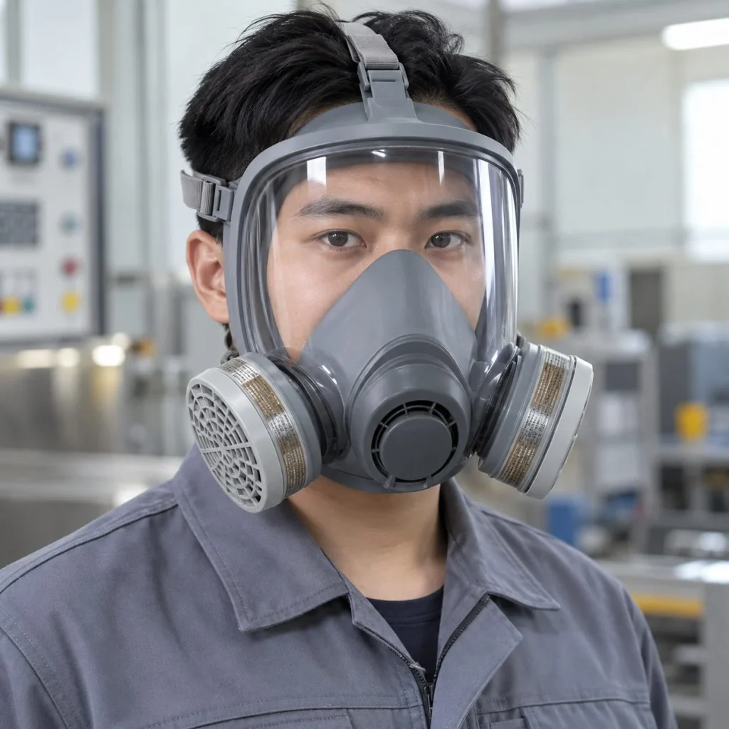Mặt nạ bảo hộ toàn mặt thiết kế ôm kín cao su đàn hồi màu xám lọc hơi hữu cơ trên người mẫu Việt Nam