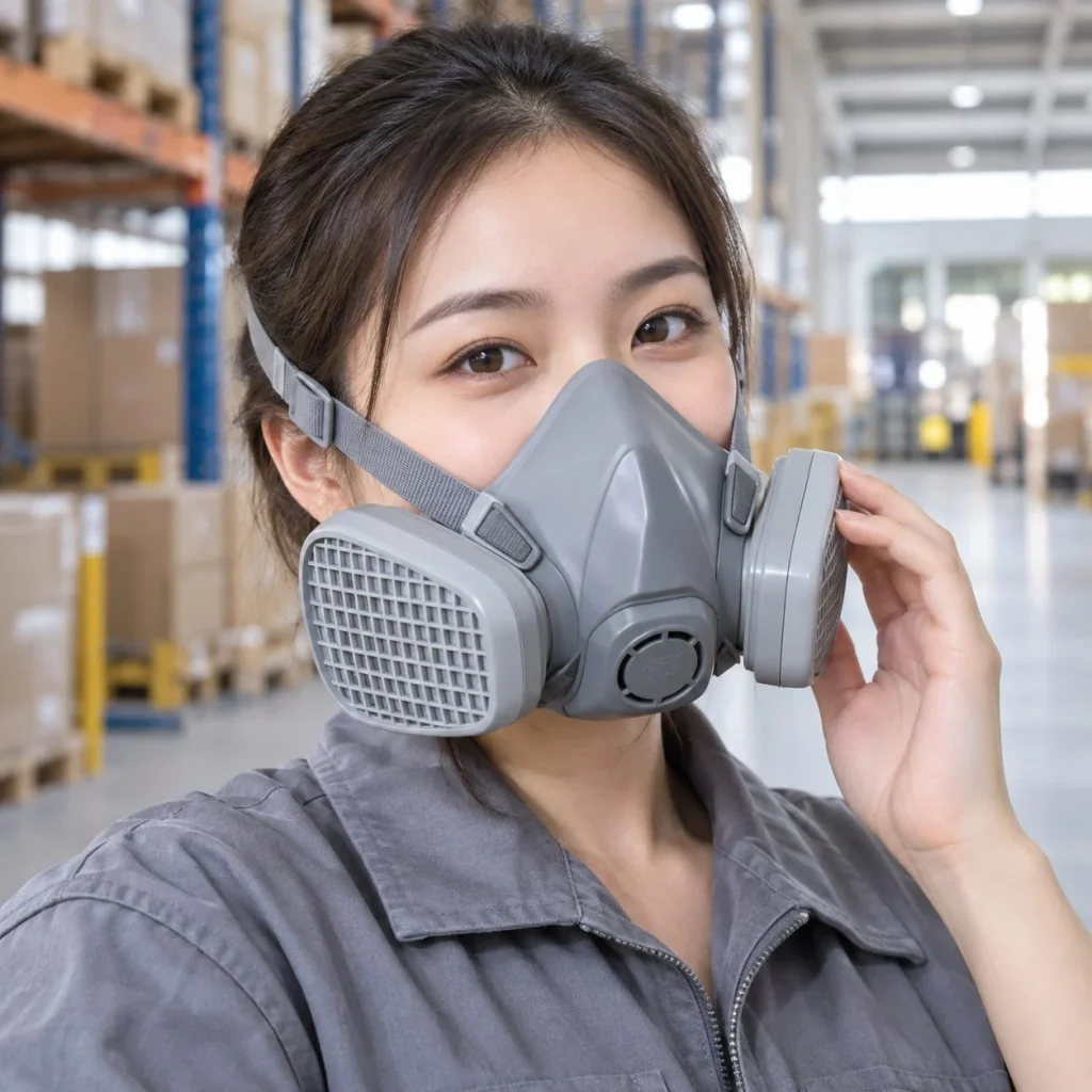 Bộ lọc khí bảo hộ thiết kế ôm kín cao su đàn hồi màu xám phun sơn trên người mẫu Việt Nam