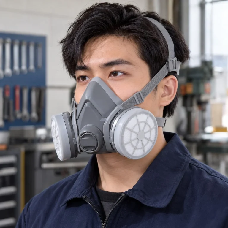 Mặt nạ bảo hộ nửa mặt dây đeo cân bằng nhựa kỹ thuật màu xám lọc bụi mịn trên người mẫu Việt Nam
